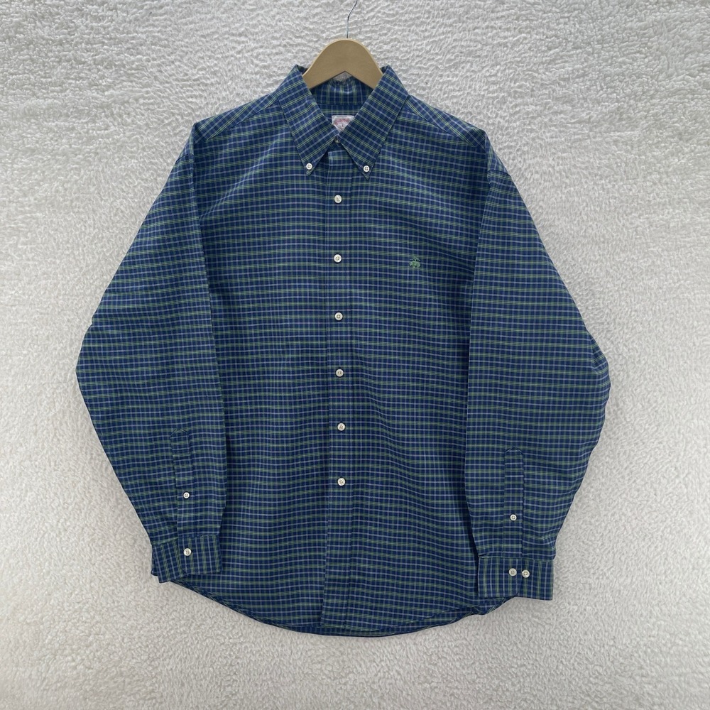 Brooks Brothers Shirt Mens L Blue Green OCBD Oxford Plaid Supima Preppy Office